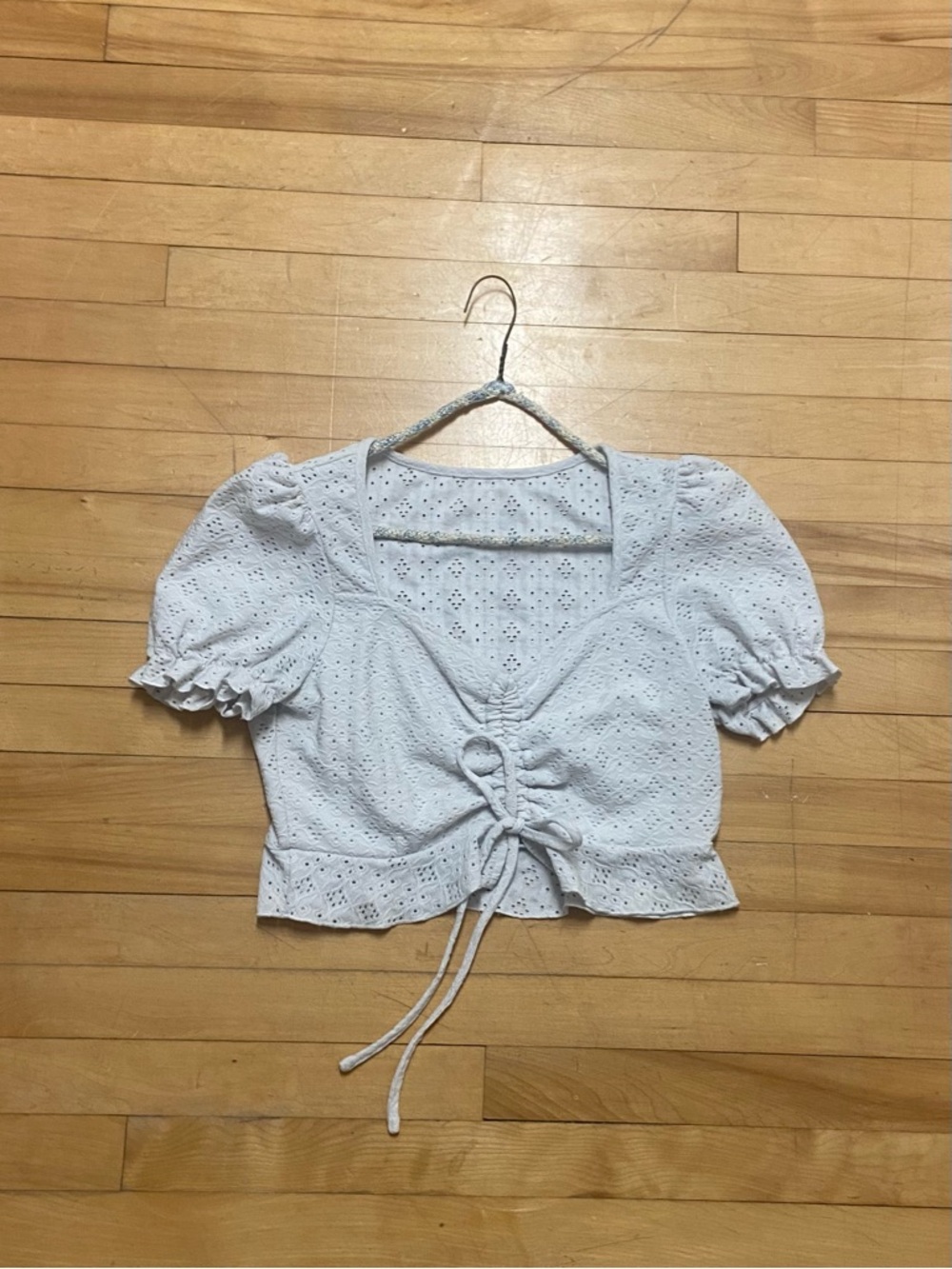 Women XL White Lace Shein Crop Top Front Tie Romantic Eyelet  Front Boho Fairy